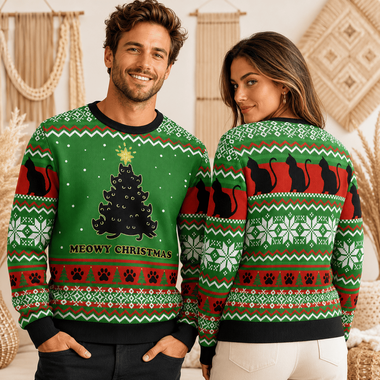 Cat Christmas Tree Ugly Sweater, Green Festive Kitty Knit Pullover, Holiday Gift for Cat Mom and Cat Dad