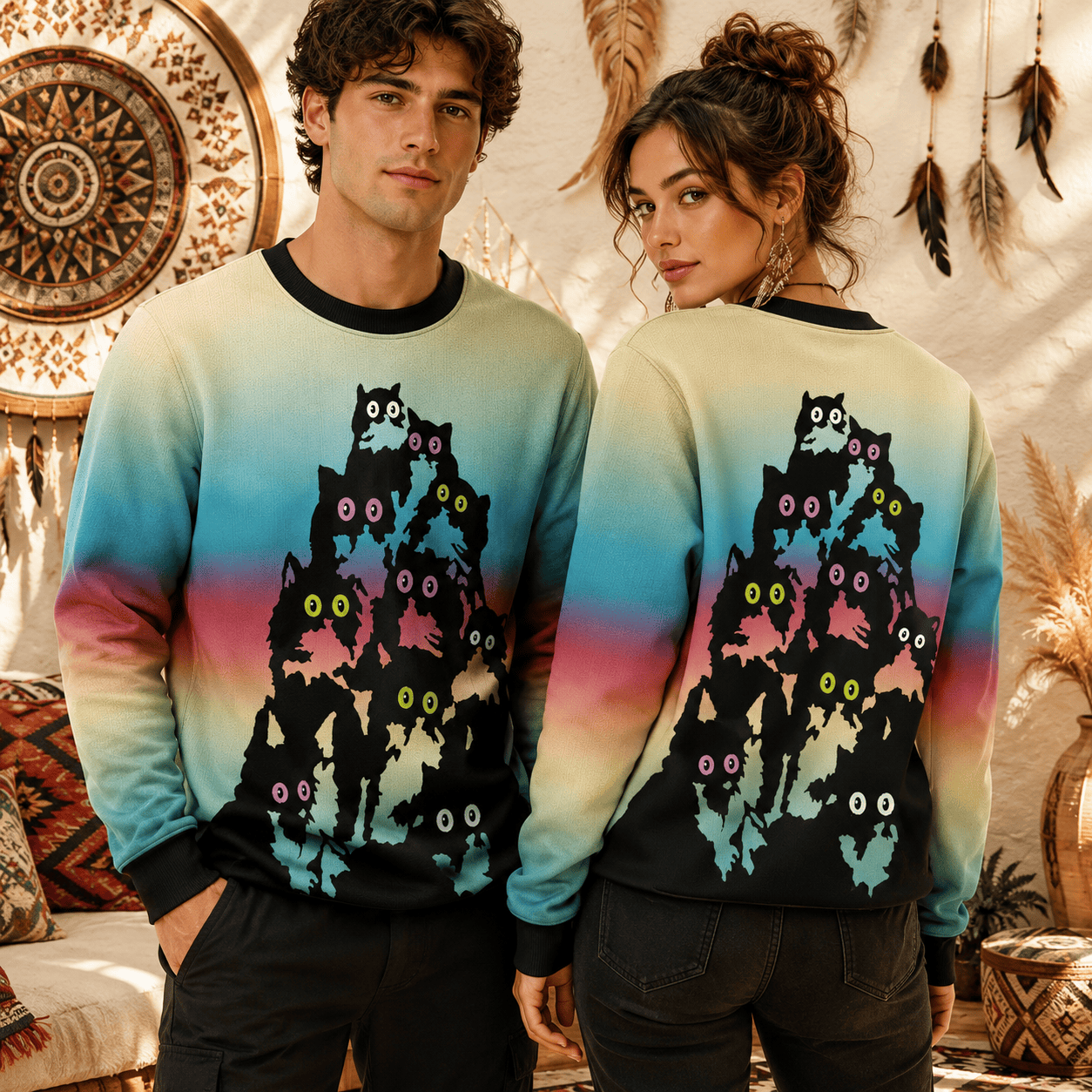 Cat Pile Rainbow Ugly Christmas Sweater - Funny Cat Stack Pullover