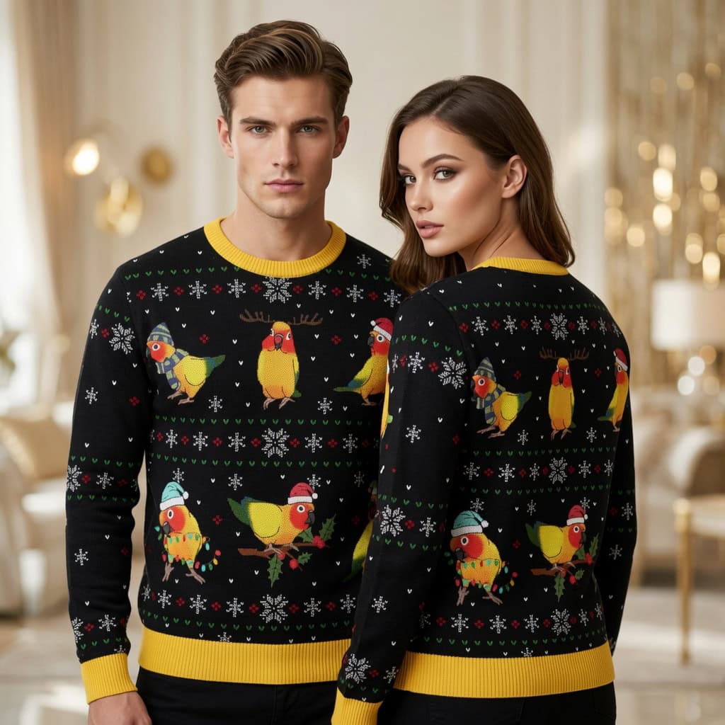 Christmas Parrot Ugly Sweater Unisex – Colorful Bird Holiday Knit Pullover Christmas Parrot Ugly Sweater Unisex - Colorful Bird Holiday Knit Pullover - Image 1