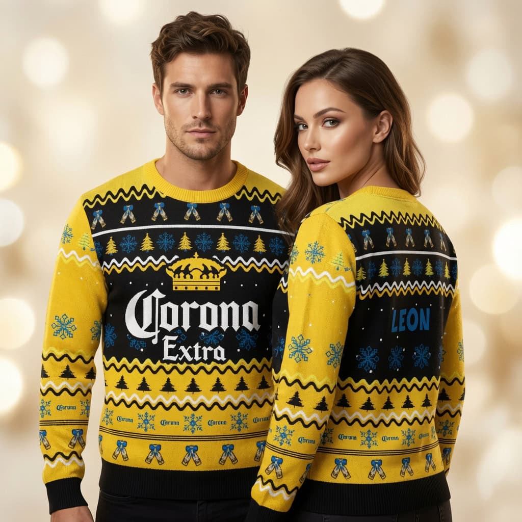 Corona Extra Ugly Christmas Sweater, Yellow Black Beer Lover Xmas Sweatshirt Corona Extra Ugly Christmas Sweater, Yellow Black Beer Lover Xmas Sweatshirt - Image 1