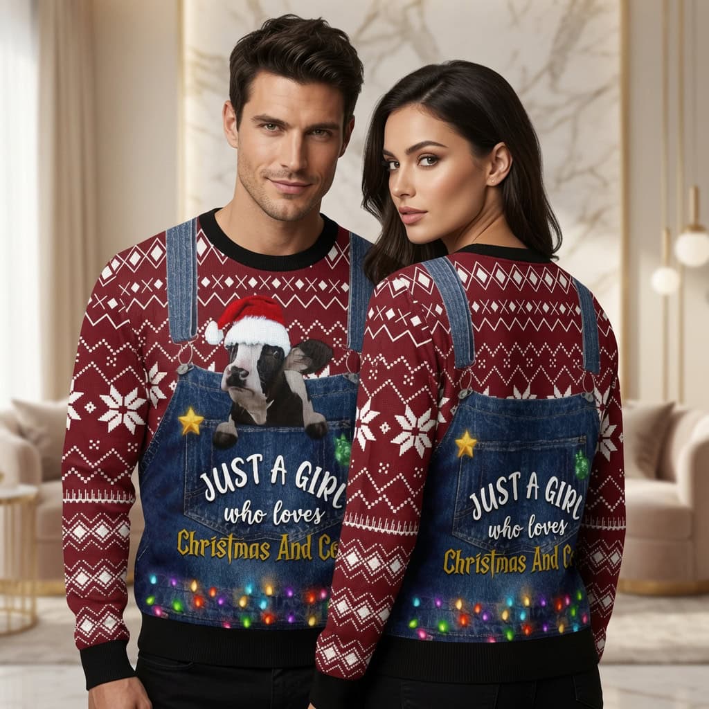 Cow Overalls Ugly Christmas Sweater Unisex - Funny Santa Cow in Denim Holiday Knit
