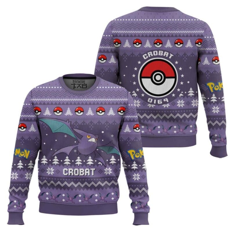 Crobat PKM Ugly Christmas Sweater Purple Poison Flying Gen 2 All Over Print Knit Sweater
