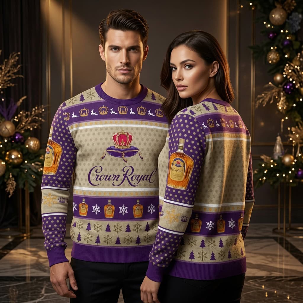 Crown Royal Beige Purple Bottle Design Ugly Christmas Sweater - Classic Holiday Sweater