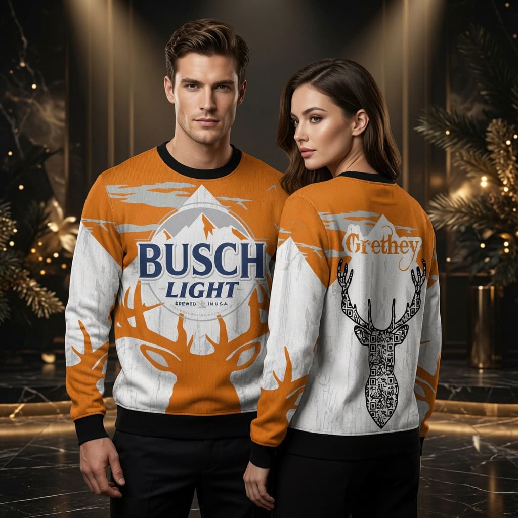 Custom Orange Deer QR Code Busch Light Ugly Christmas Sweater - Personalized Name Holiday Sweater