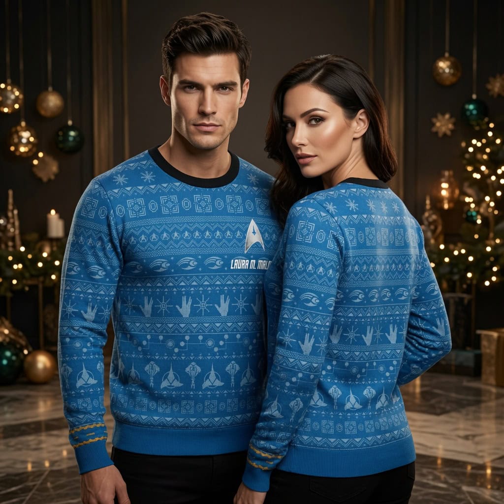 Custom Star Trek Blue Ugly Christmas Sweater - Personalized Name Starfleet Badge Holiday Sweater