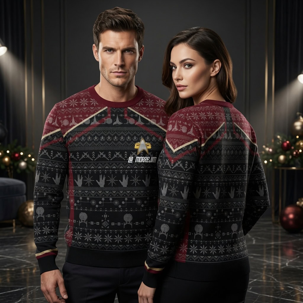 Custom Star Trek Maroon Black Ugly Christmas Sweater – Personalized Name Starfleet Holiday Sweater Custom Star Trek Maroon Black Ugly Christmas Sweater - Personalized Name Starfleet Holiday Sweater - Image 1