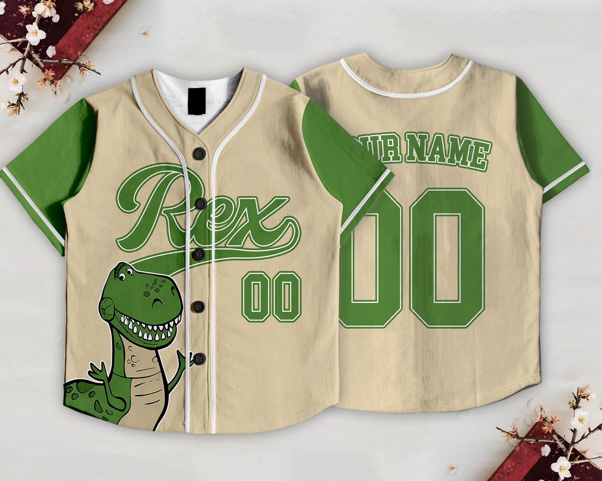 Custom Toy Story Rex Kids and Youth Baseball Jersey, Pixar Toy Story Baseball Jersey, Summer Vacation Custom Toy Story Rex Kids and Youth Baseball Jersey, Pixar Toy Story Baseball Jersey, Summer Vacation - Image 1