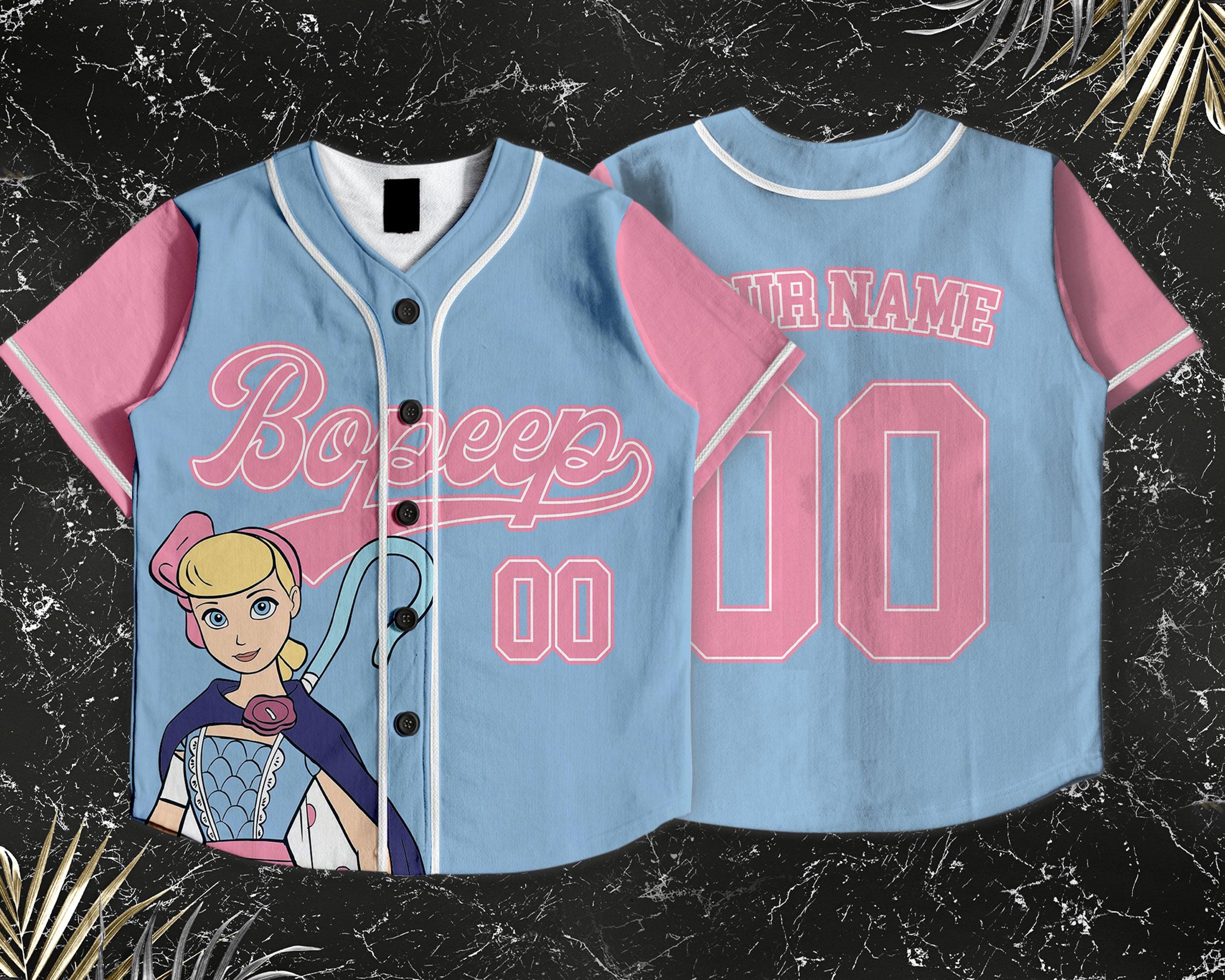 Cutsom Bo Peep Kids and Youth Baseball Jersey, Toy Story Pink Blue Baseball Jersey, Summer Vacation Cutsom Bo Peep Kids and Youth Baseball Jersey, Toy Story Pink Blue Baseball Jersey, Summer Vacation - Image 1