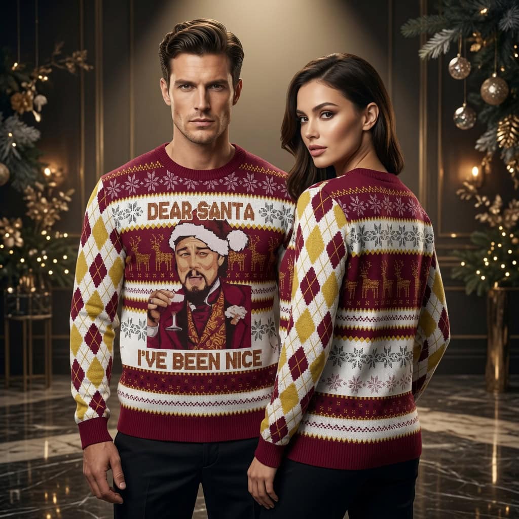 Dear Santa I ve Been Nice Ugly Christmas Sweater - Leonardo DiCaprio Funny Holiday Sweater