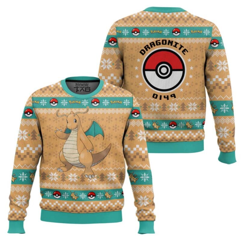 Dragonite PKM Ugly Christmas Sweater Dragon Flying Gen 1 All Over Print Knit Jumper