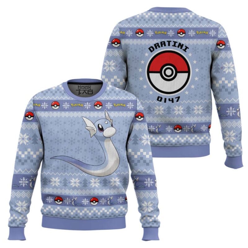 Dratini Pokemon Ugly Christmas Sweater Baby Dragon Gen 1 All Over Print Knit Holiday Sweater Dratini PKM Ugly Christmas Sweater Baby Dragon Gen 1 All Over Print Knit Holiday Sweater - Image 1