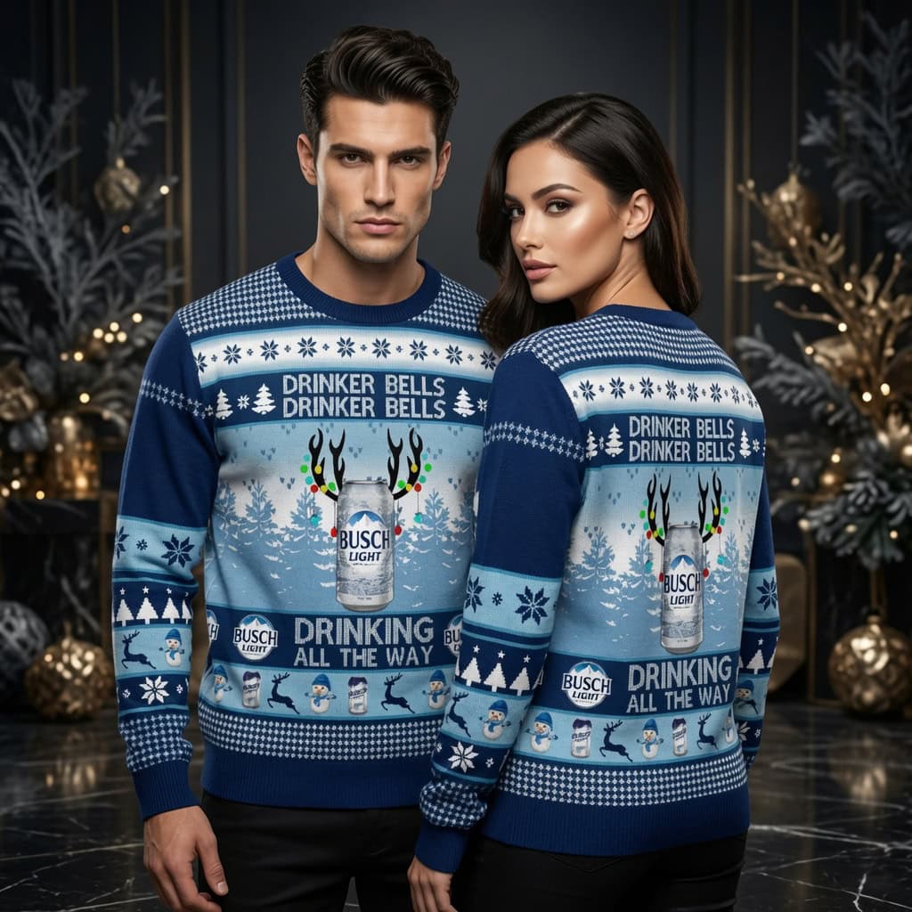 Drinker Bells Drinking All The Way Ugly Christmas Sweater – Funny Antler Can Holiday Sweater Drinker Bells Drinking All The Way Ugly Christmas Sweater - Funny Antler Can Holiday Sweater - Image 1