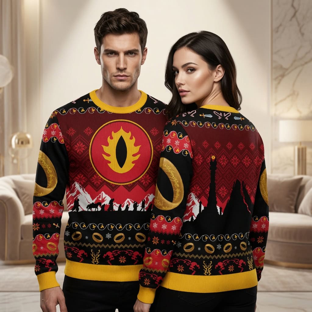 Eye of Sauron Ugly Christmas Sweater Fellowship Barad-dur Lord of the Rings Knit Holiday Sweater