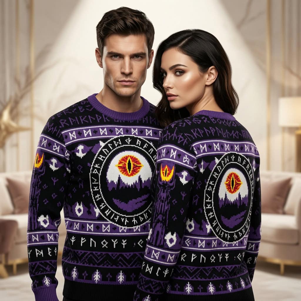 Eye of Sauron Ugly Christmas Sweater Purple Runes Barad-dur Lord of the Rings Knit Jumper