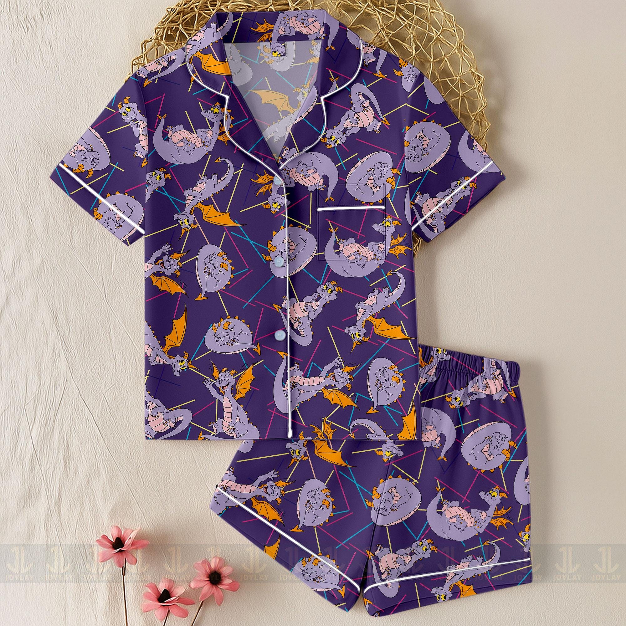 Figment Dragon Unisex Satin Pajamas Set, One Little Spark Pajamas, Long Sleeve And Short Styles Figment Dragon Unisex Satin Pajamas Set, One Little Spark Pajamas, Long Sleeve And Short Styles - Image 1