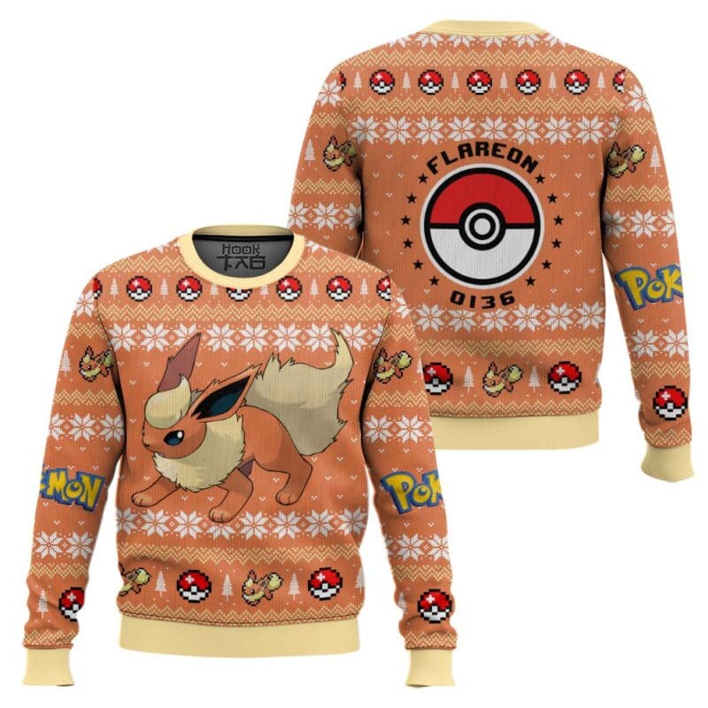 Flareon PKM Ugly Christmas Sweater Fire Eeveelution Gen 1 Fluffy Knit Holiday Sweater