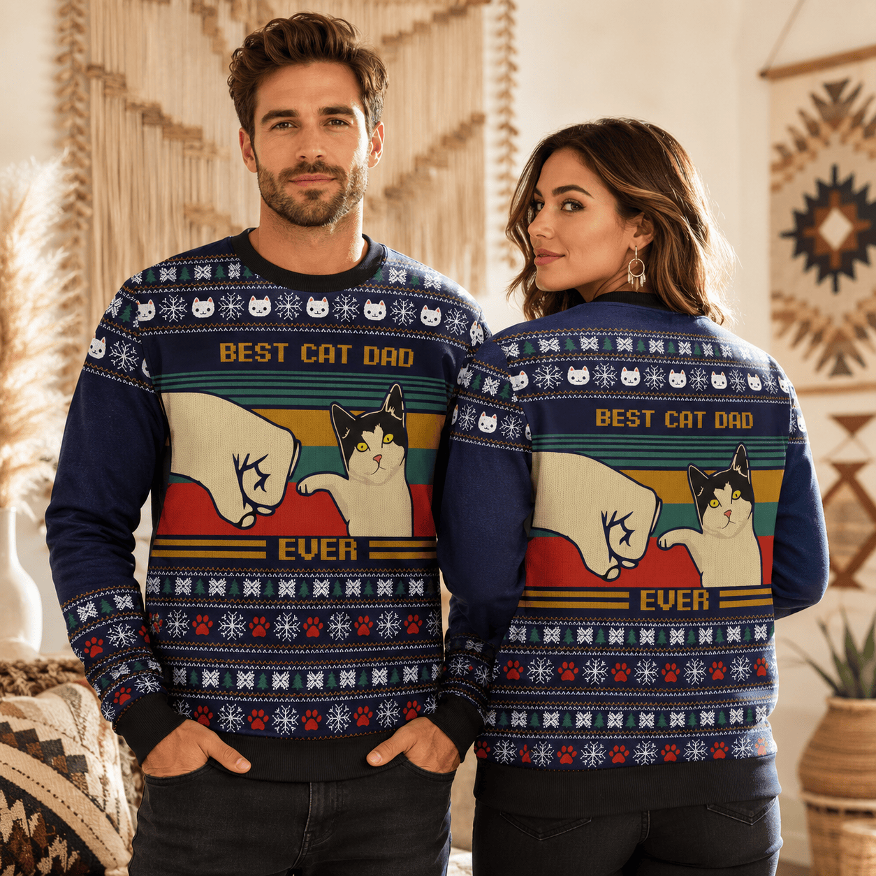 Funny Cat Dad Ugly Christmas Sweater, Fist Bump Kitty Holiday Jumper, Unisex Cat Lover Gift Funny Cat Dad Ugly Christmas Sweater, Fist Bump Kitty Holiday Jumper, Unisex Cat Lover Gift - Image 1
