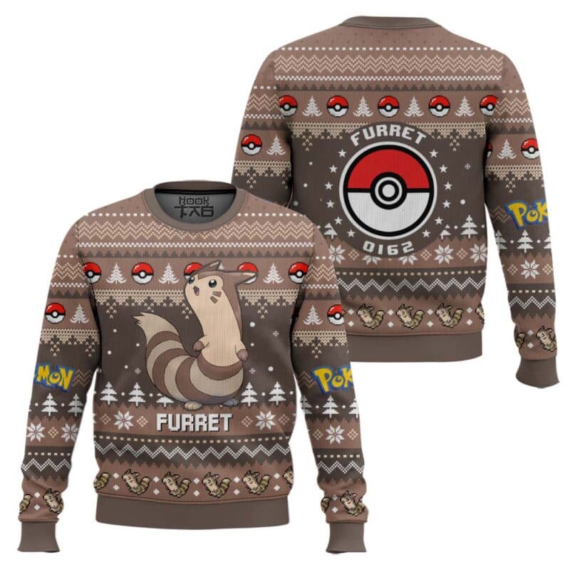 Furret PKM Ugly Christmas Sweater Long Body Normal Gen 2 Soft Knit Holiday Jumper