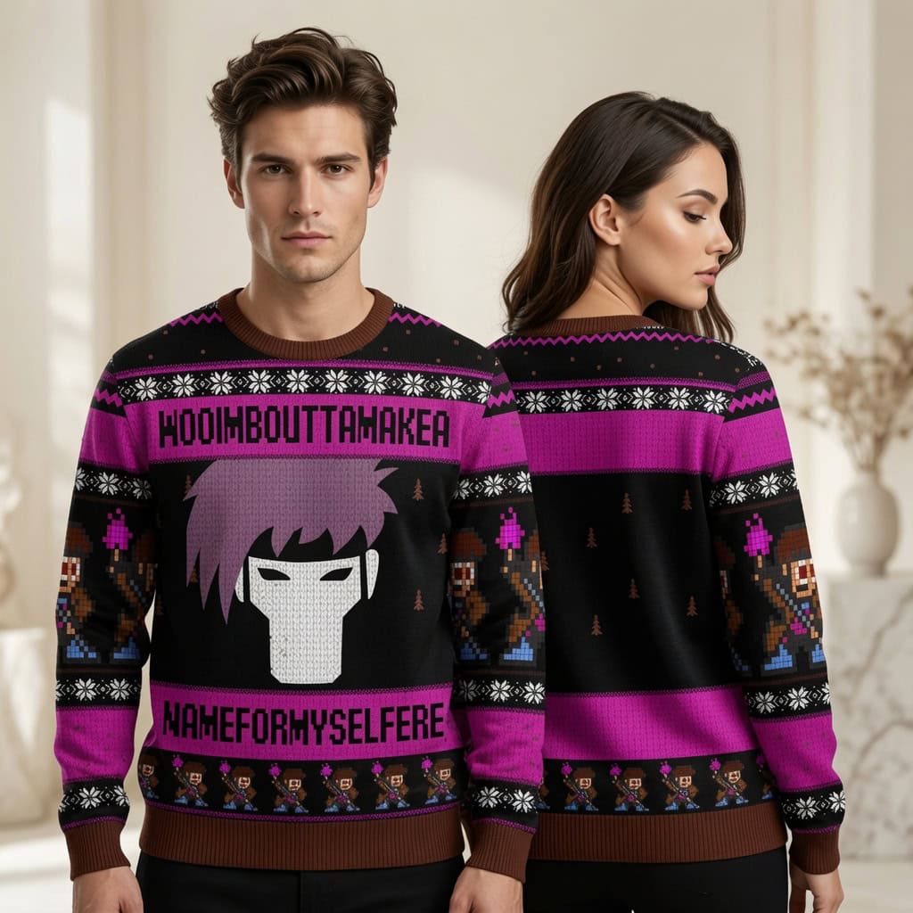 Gambit Mask Ugly Christmas Sweater Woo Im Boutta Make a Name X-Men Purple Knit Holiday Jumper