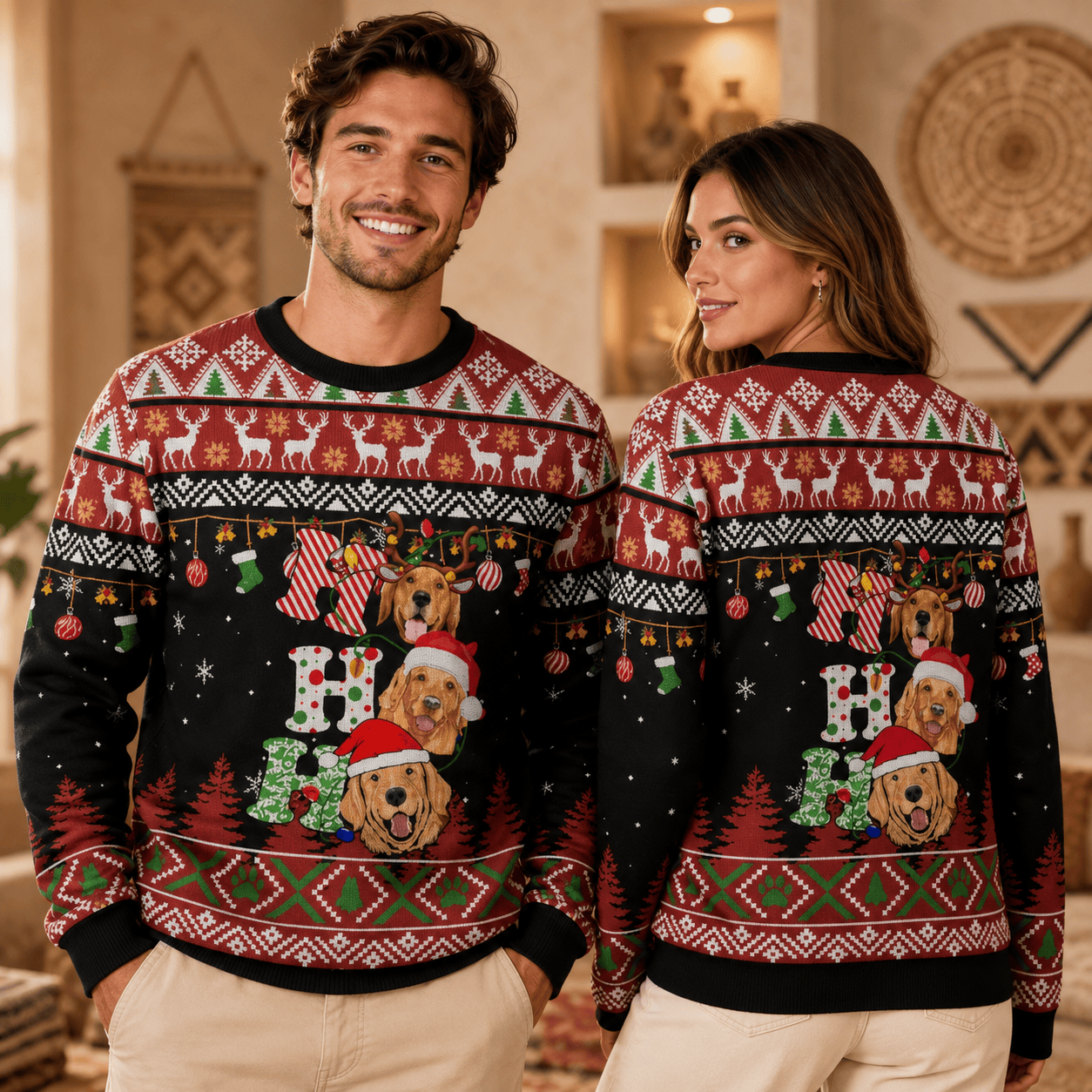 Golden Retriever Family Christmas Jumper, Festive Dog Holiday Knit Sweater, Gift for Pet Parents