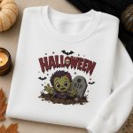 Halloween Zombie Sweatshirt - Embroidered Kawaii Zombie Rising from Grave Oversized Hoodie