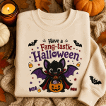 Have a Fang-tastic Halloween Bat Sweatshirt - Embroidered Cute Vampire Bat with Candy Basket Oversized Hoodie Unisex