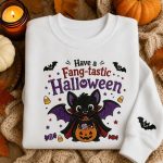 Have a Fang-tastic Halloween Bat Sweatshirt - Embroidered Cute Vampire Bat with Candy Basket Oversized Hoodie Unisex - Image 3