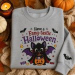 Have a Fang-tastic Halloween Bat Sweatshirt - Embroidered Cute Vampire Bat with Candy Basket Oversized Hoodie Unisex - Image 6