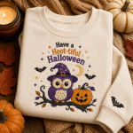 Have a Hoot-tiful Halloween Owl Sweatshirt - Embroidered Witch Owl with Pumpkin Oversized Hoodie Unisex