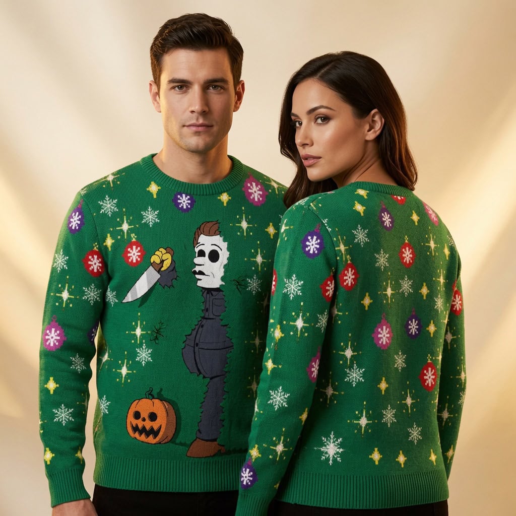 Hiding Mask Killer Green Ugly Christmas Sweater, Funny Horror Xmas Sweatshirt