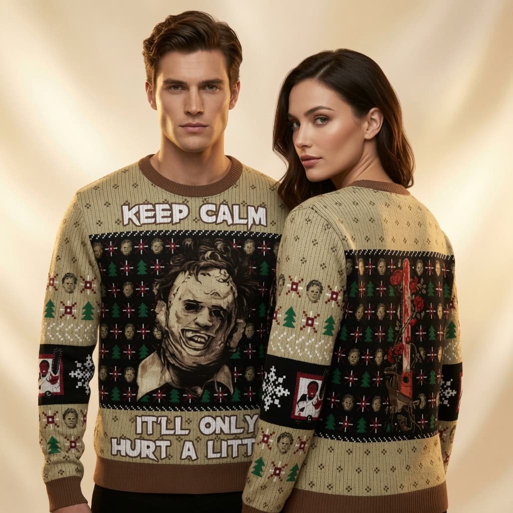 Keep Calm Chainsaw Leather Mask Ugly Christmas Sweater, Horror Sweatshirt