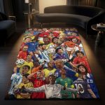 Luxury Soccer Legends Collage Area Rug - Colorful Football Stars Montage Carpet
