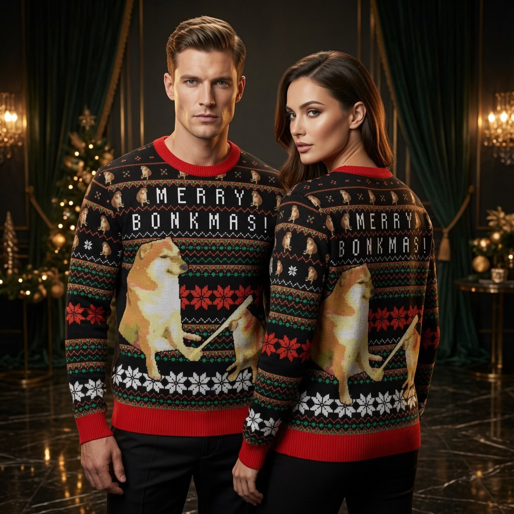 Merry Bonkmas Ugly Christmas Sweater - Doge Bonk Funny Meme Holiday Sweater
