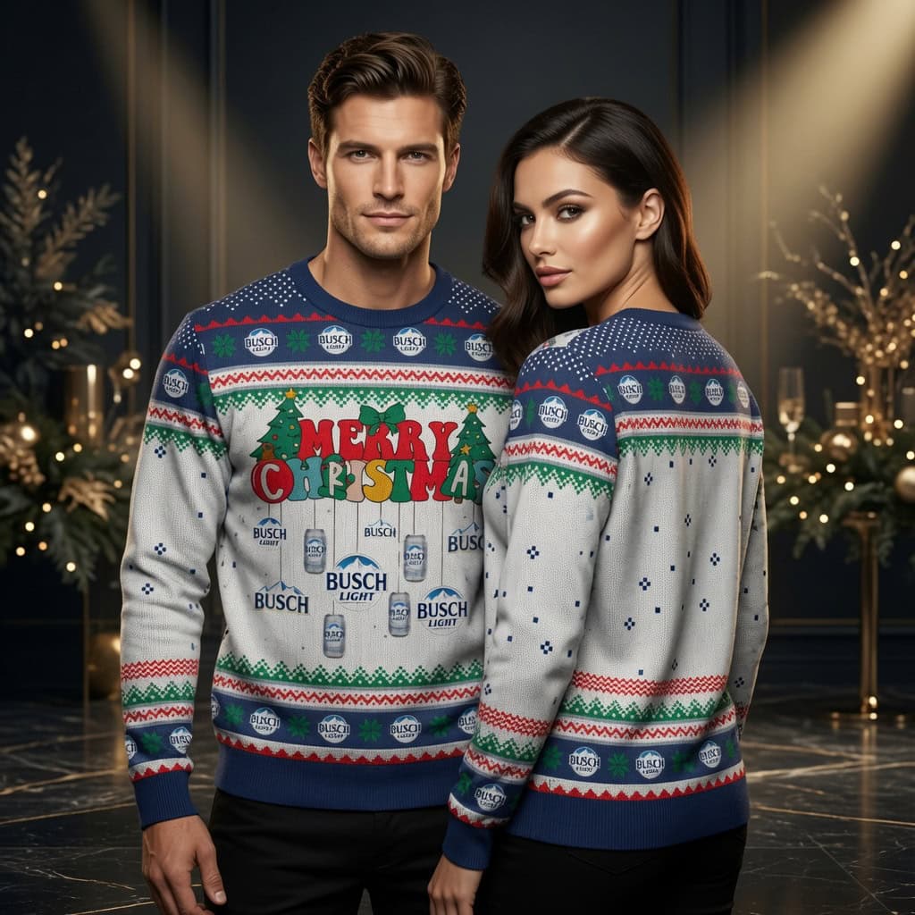 Merry Christmas Busch Light Ugly Christmas Sweater – Hanging Cans Holiday Sweater Merry Christmas Busch Light Ugly Christmas Sweater - Hanging Cans Holiday Sweater - Image 1