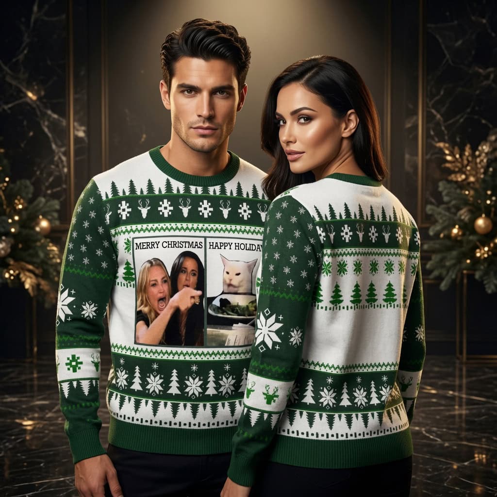 Merry Christmas Happy Holidays Cat Ugly Christmas Sweater - Funny Pointing Meme Sweater