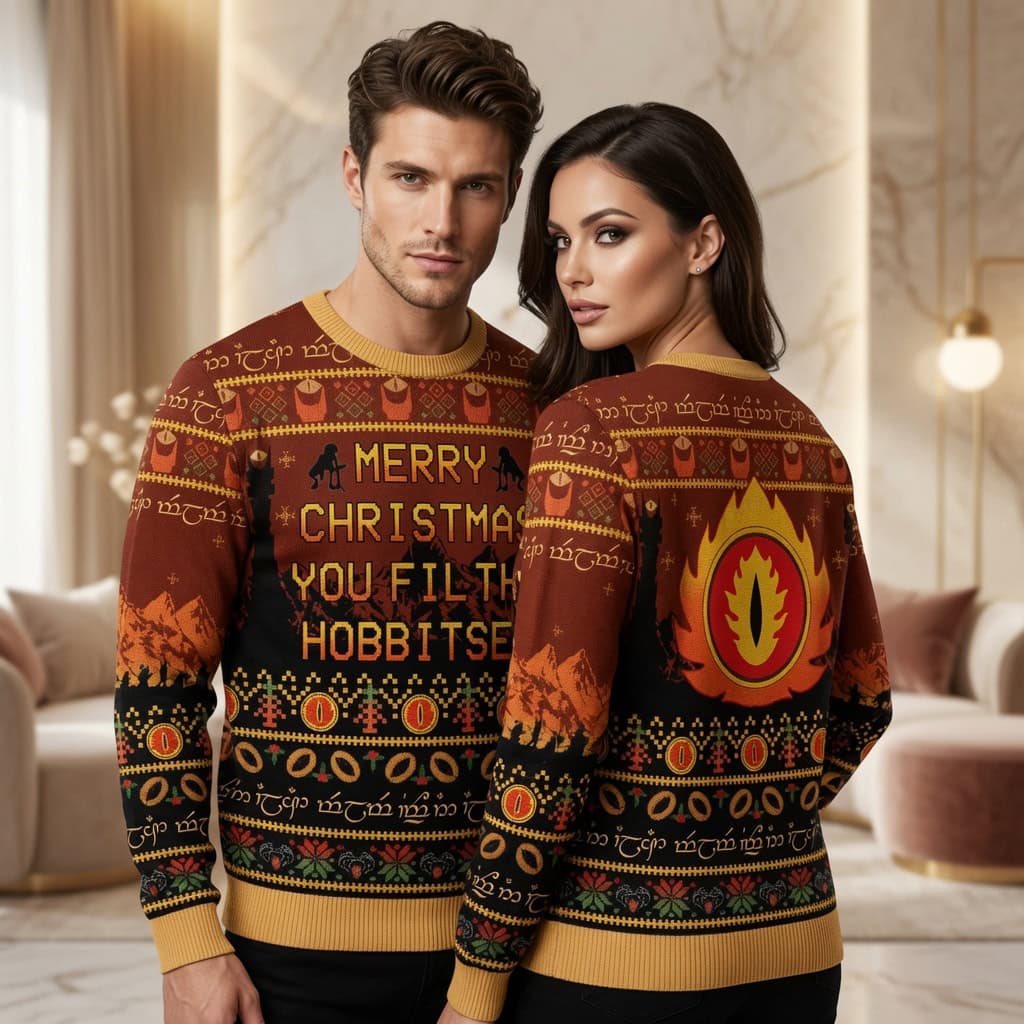 Merry Christmas You Filthy Hobbitses Ugly Christmas Sweater Eye of Sauron Fire Knit Holiday Jumper