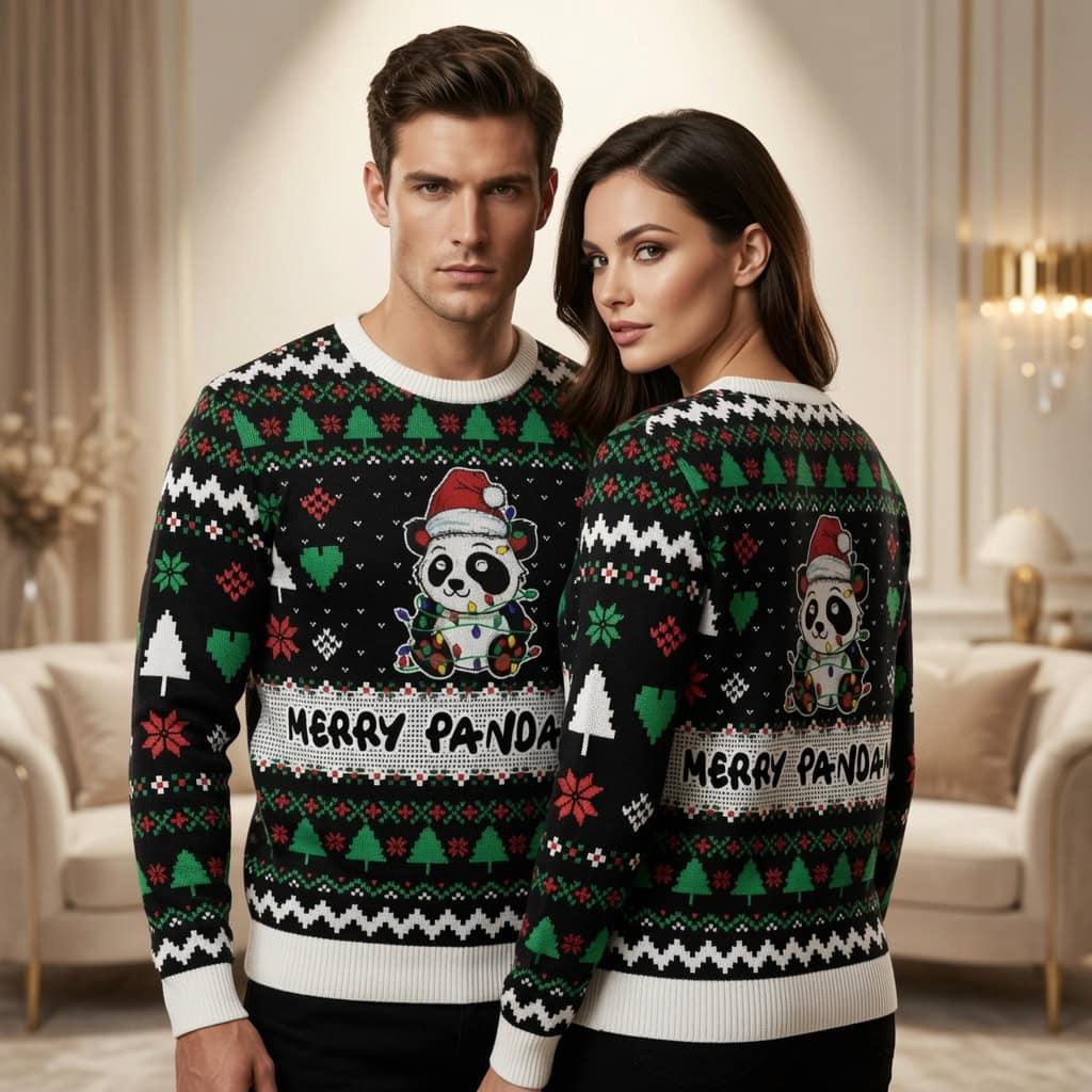 Merry Panda Santa Hat Ugly Christmas Sweater Unisex - Cute Panda with Lights Holiday Knit Pullover