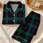Mickey Plaid Green Navy Unisex Satin Pajamas Set, Spooky Season Pajamas, Long Sleeve And Short Styles