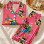 Mickey Surfing Satin Pajamas Set, Cute Beach Cartoon Sleepwear, Vacation Pajama Gift