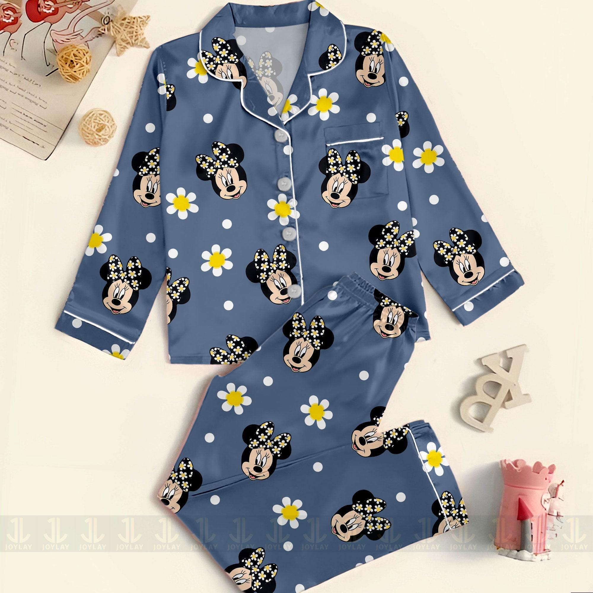 Minnie Daisy Flower Polka Dot Unisex Satin Pajamas, Pajamas, Long Sleeve And Short Styles Minnie Daisy Flower Polka Dot Unisex Satin Pajamas, Pajamas, Long Sleeve And Short Styles - Image 1