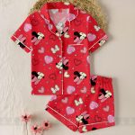 Minnie Heart Bow Unisex Satin Pajamas Set, DN Valentines Pajamas, Long Sleeve And Short Styles