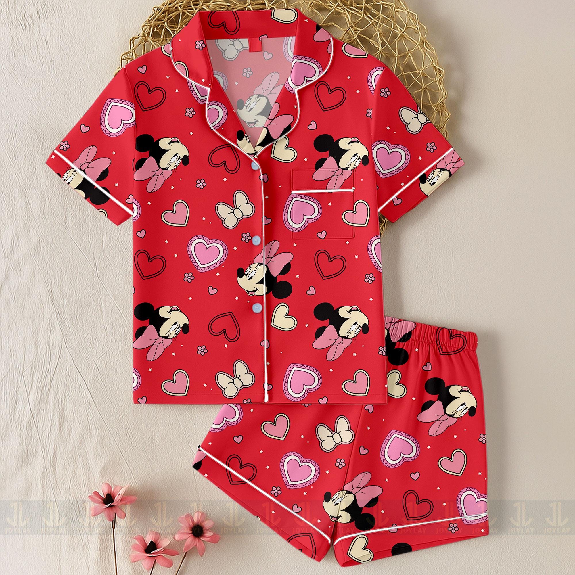 Minnie Heart Bow Unisex Satin Pajamas Set, Disney Valentines Pajamas, Long Sleeve And Short Styles Minnie Heart Bow Unisex Satin Pajamas Set, DN Valentines Pajamas, Long Sleeve And Short Styles - Image 1