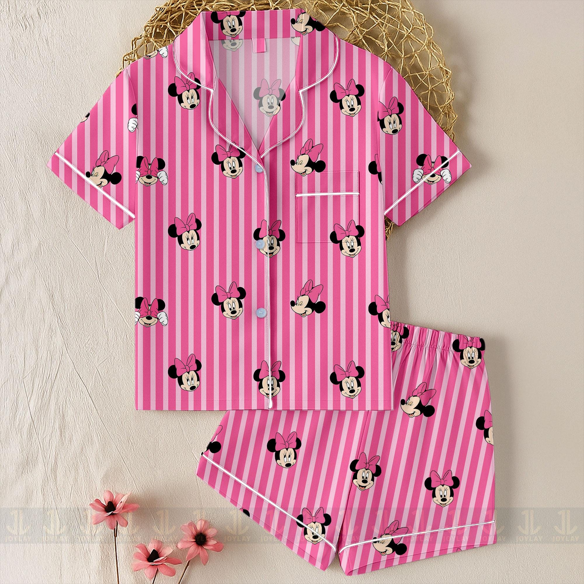 Minnie Mouse Pink Stripe Satin Pajama Set, Kids Youth Sleepwear (ShortLong) Minnie Mouse Pink Stripe Satin Pajama Set, Kids Youth Sleepwear (ShortLong) - Image 1