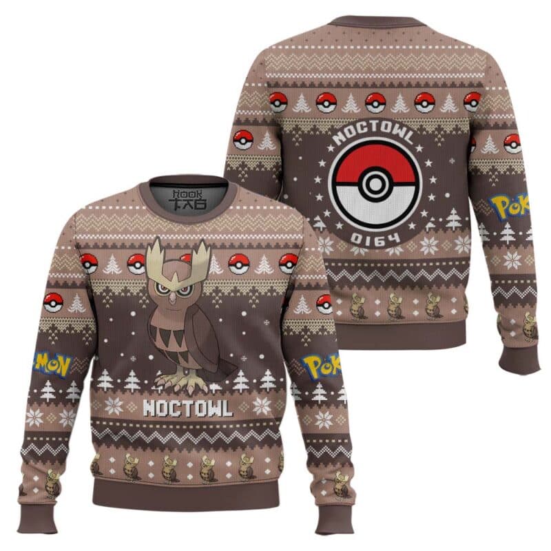 Noctowl Pokemon Ugly Christmas Sweater Wise Owl Flying Gen 2 Brown Knit Holiday Sweater Noctowl PKM Ugly Christmas Sweater Wise Owl Flying Gen 2 Brown Knit Holiday Sweater - Image 1