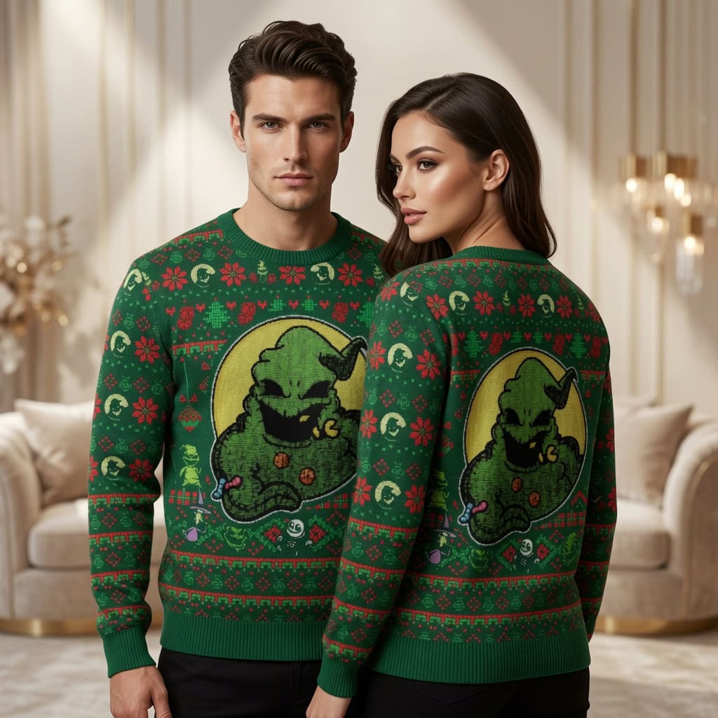 Oogie Boogie Monster Ugly Christmas Sweater Unisex - Green Circle Design Holiday Knit Jumper for Nightmare Fans