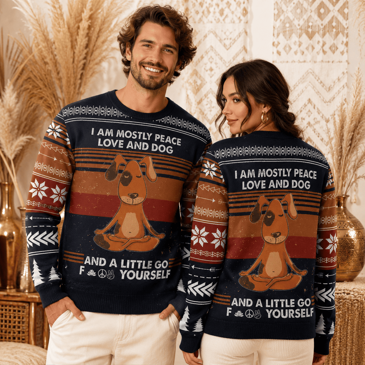 Peace Love and Dog Funny Yoga Dog Ugly Christmas Sweater