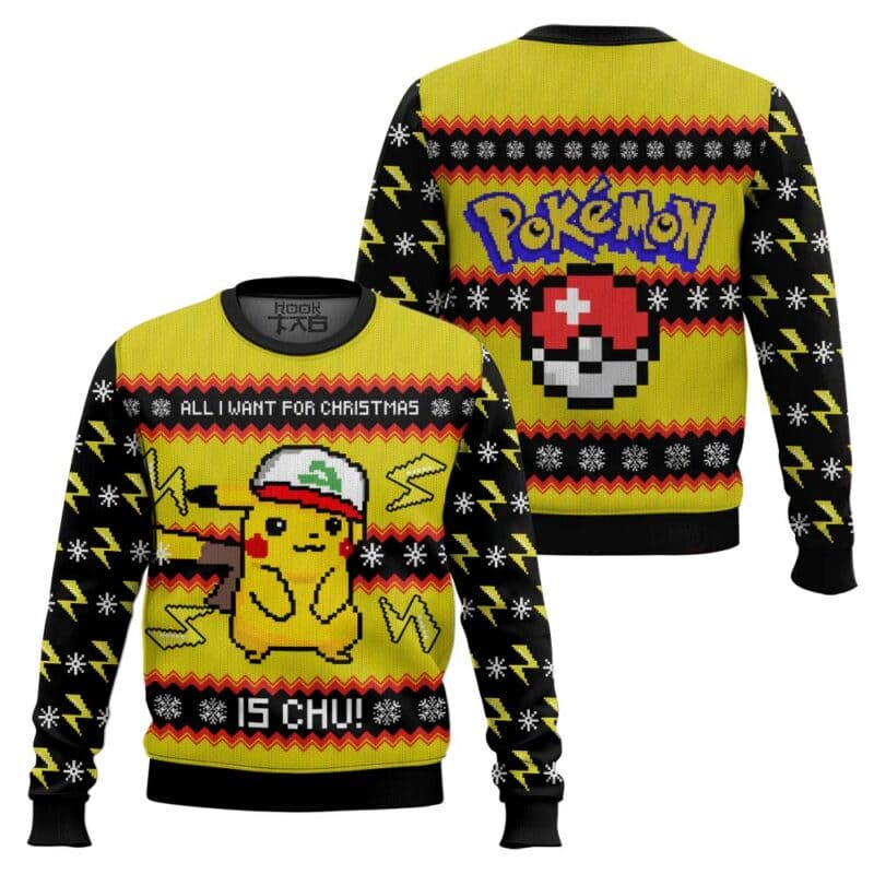 Pikachu Santa Hat Ugly Christmas Sweater, Cute Anime Gamer Holiday Jumper