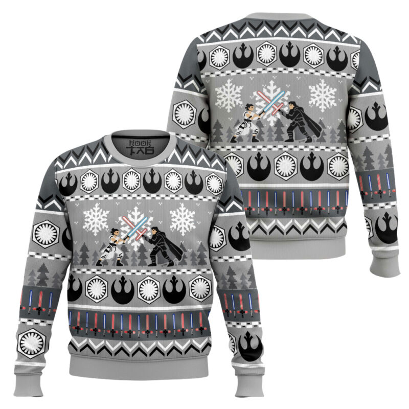Pixel Laser Sword Duel Ugly Christmas Sweater, Grey Sci Fi Sweatshirt