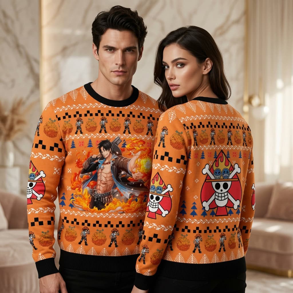 Portgas D. Ace Orange One Piece Christmas Sweater Portgas D. Ace Orange OP Christmas Sweater - Image 1