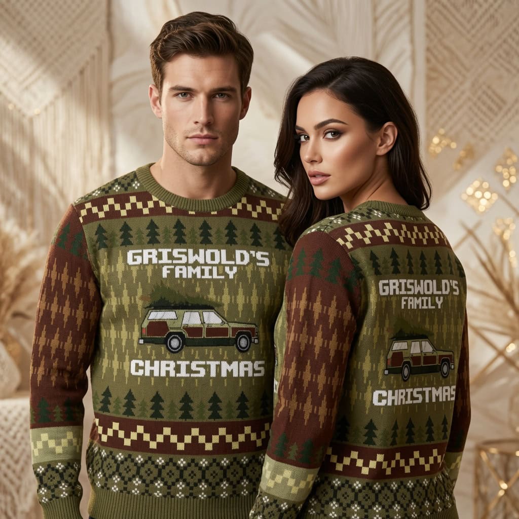 Retro Station Wagon Christmas Sweater, Woodland Holiday Pullover